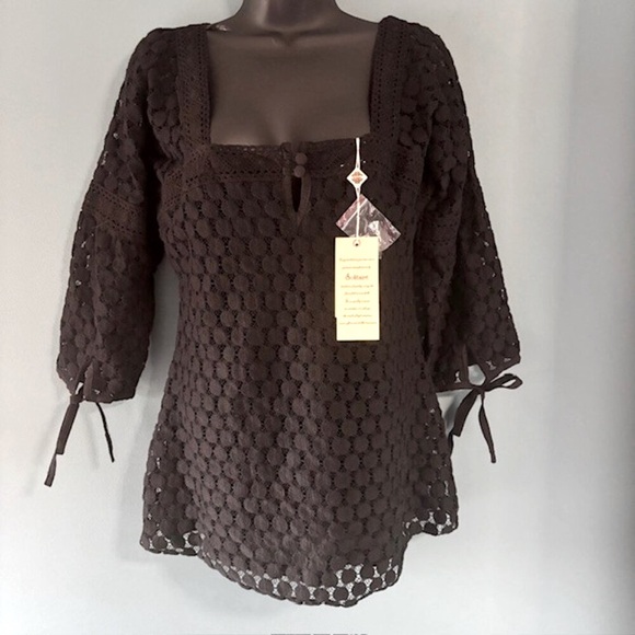 Solitaire Tops - Solitaire Black L Crochet Lace 3/4 Tie Boho Whimsygoth Feminine Festival Texture